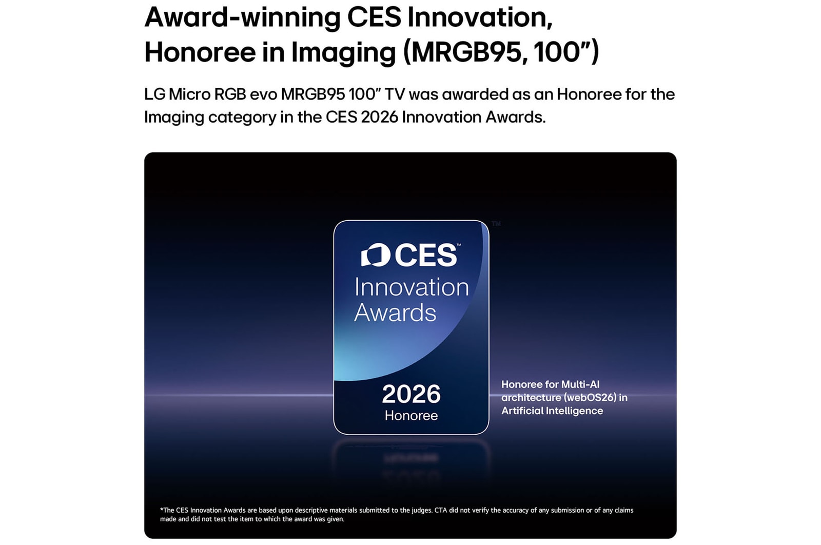 2026 CES Innovation Awards Honoree badge in the Imaging category for the MRGB95 100-inch display
